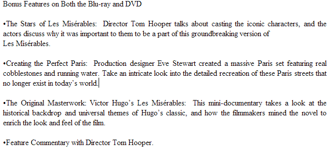 Les Miserables, 2012, Film, DVD Extras, Bonus