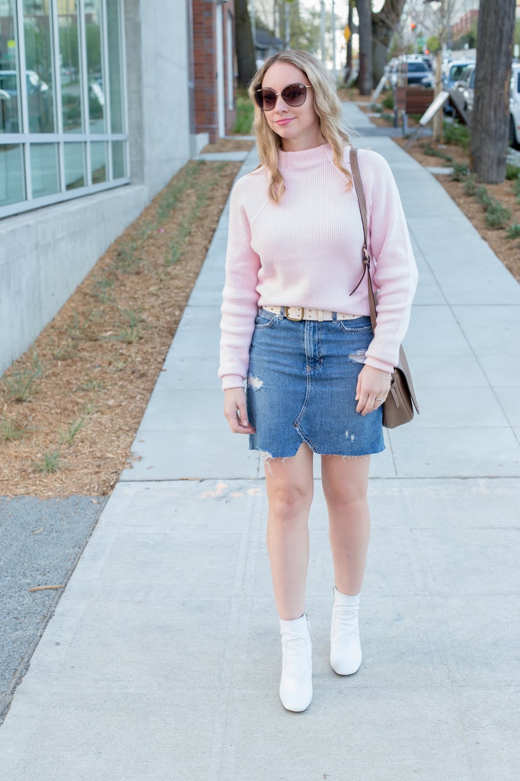 Spring Style: Denim Skirt + White Ankle Boots