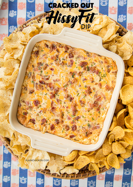 Cracked Out Hissy Fit Dip Recipe - cheddar, bacon, ranch, sour cream, Velveeta, Worcestershire sauce  - SO good. You will definitely throw a hissy fit if you miss out on this dip! Crazy good! Can mix together and refrigerate a day before baking. Serve with chips and veggies! It is always gone in a flash!