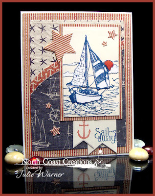 North Coast Creations Stamp sets: Sail Away, Our Daily Bread Designs Stamp sets: Anchor the Soul, ODBD Custom Dies: Pennants, Sparkling Stars, Sunburst Background