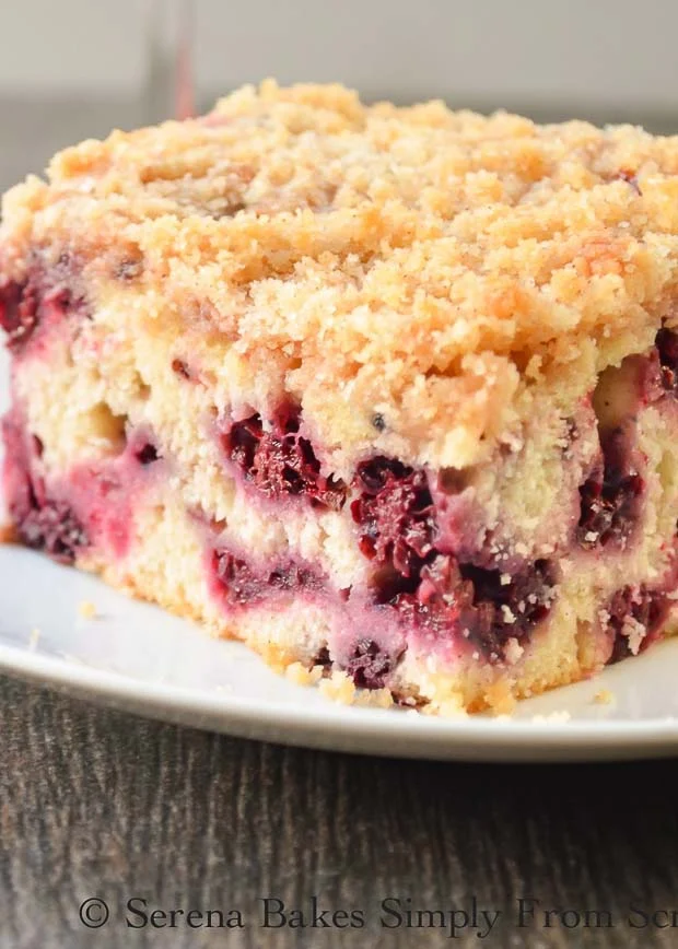 Sliced Blackberry Buckle recipe is a light cake with cinnamon and vanilla and crumb topping. It's a favorite for brunch or dessert from Serena Bakes Simply From Scratch.