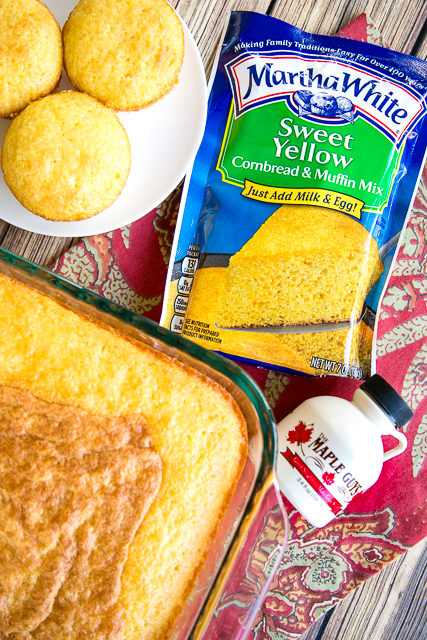 Sweet Maple Cornbread - CRAZY good!! Cake mix, Martha White Sweet Yellow Cornbread Mix, eggs, water, oil and real Maple Syrup. Makes a ton! Great for potlucks and the holidays! Everyone went back for seconds. SO good!