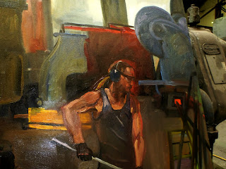 oil painting of blacksmith from 'Wrought Artworks' at the Australian Technology Park, Eveleigh Railway workshops by industrial heritage artist Jane Bennett