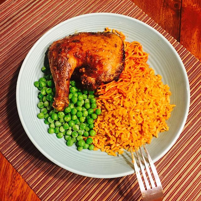 Jollof Rice And Macaroni With Cold Peas And Oven Roasted Chicken