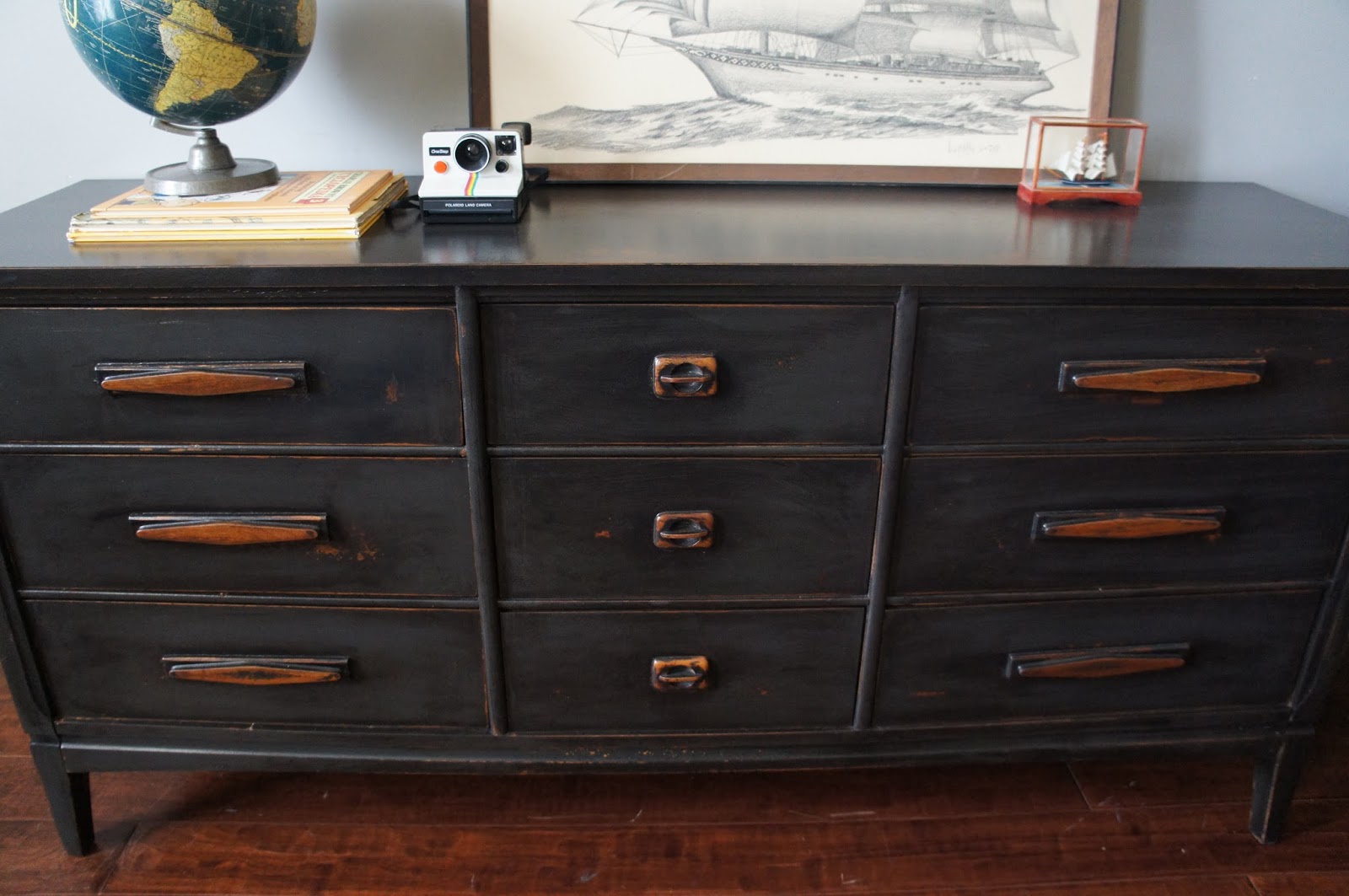 mid-century graphite distressed dresser