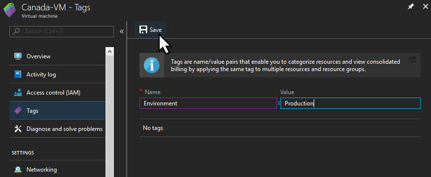 Create Azure tags by adding name/value pair