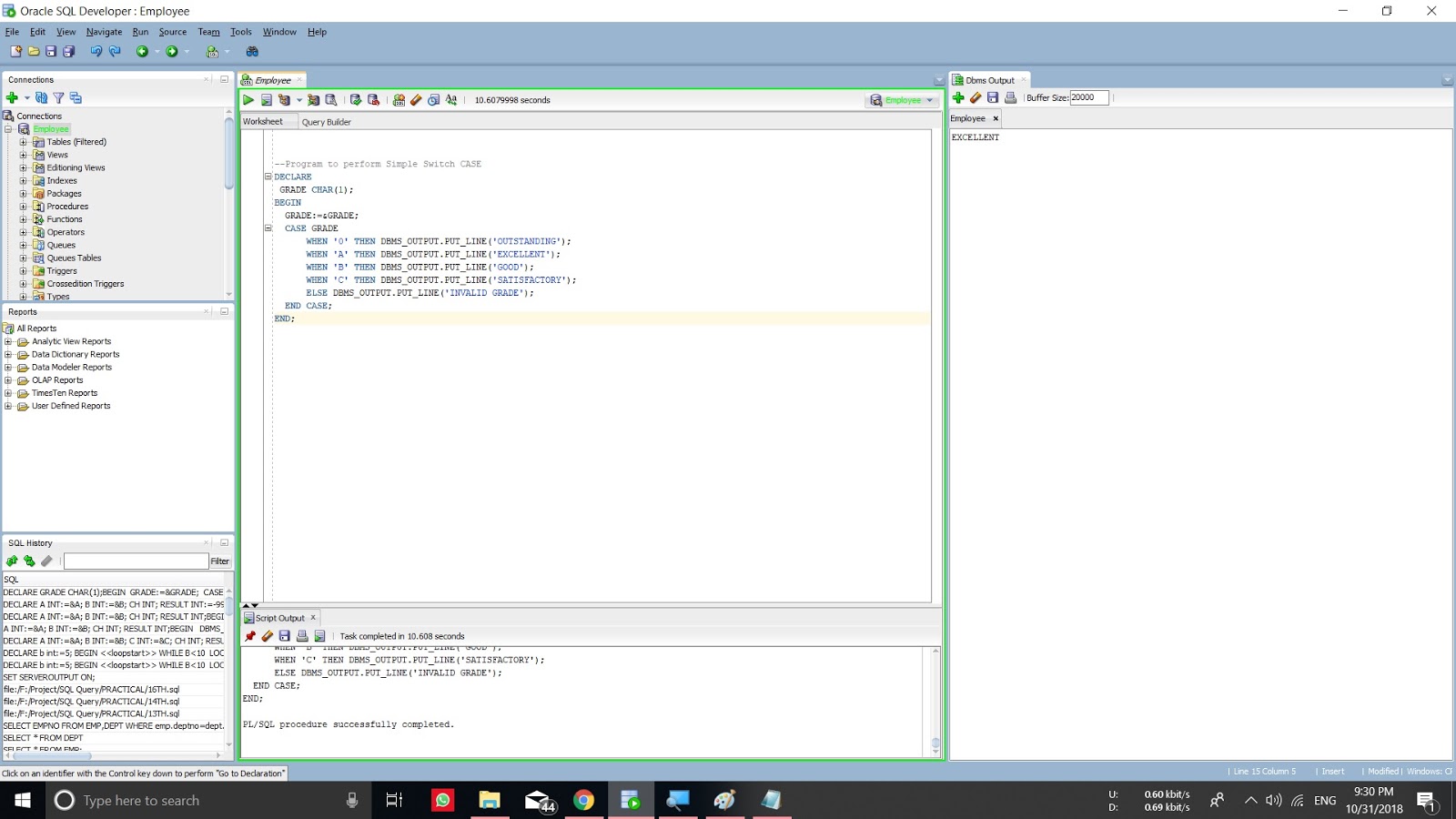 Program to perform Simple Switch CASE in PL/SQL Coding Atharva
