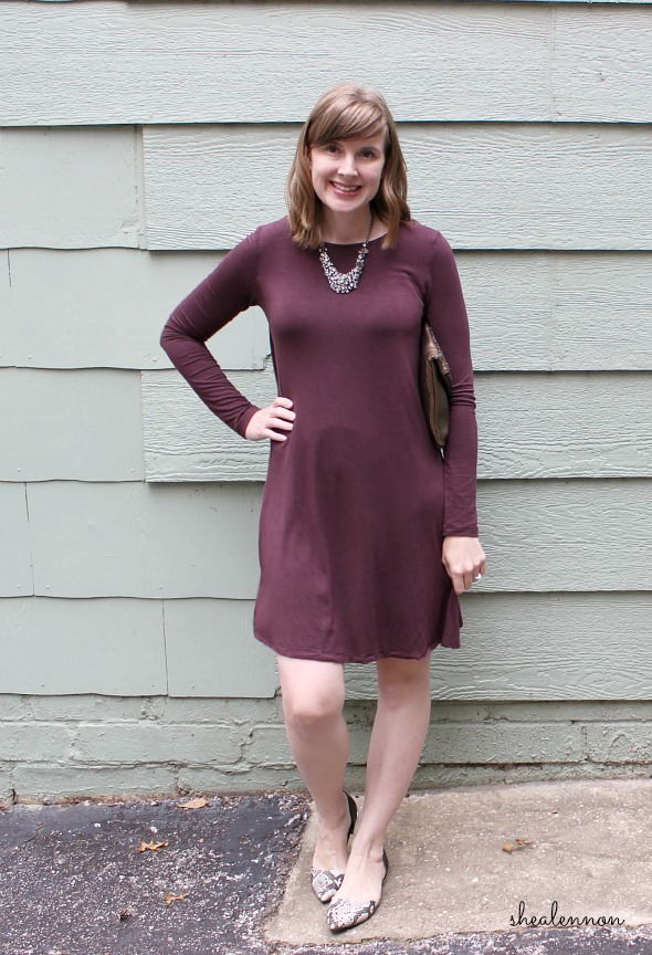 burgundy dress with snakeskin flats and statement necklace | www.shealennon.com
