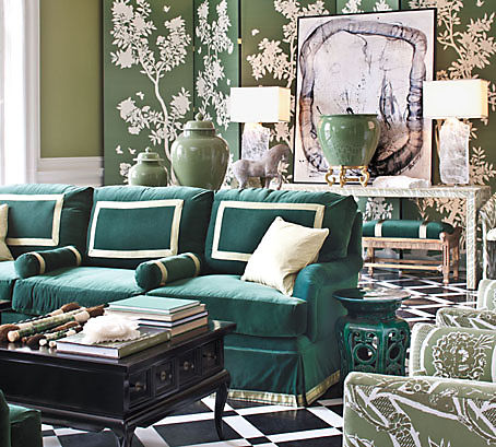 Chinoiserie Chic: Green Velvet Sofa High/Low and Inspiration