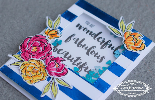 You are fabulous shaker card with blue bold striped background. #honeybeestamps #wplu9