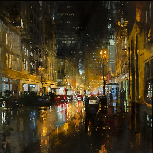 11-Post-St-Downpour-Jeremy-Mann-Figurative-Painting-in-Cityscapes-Oil-Paintings-www-designstack-co