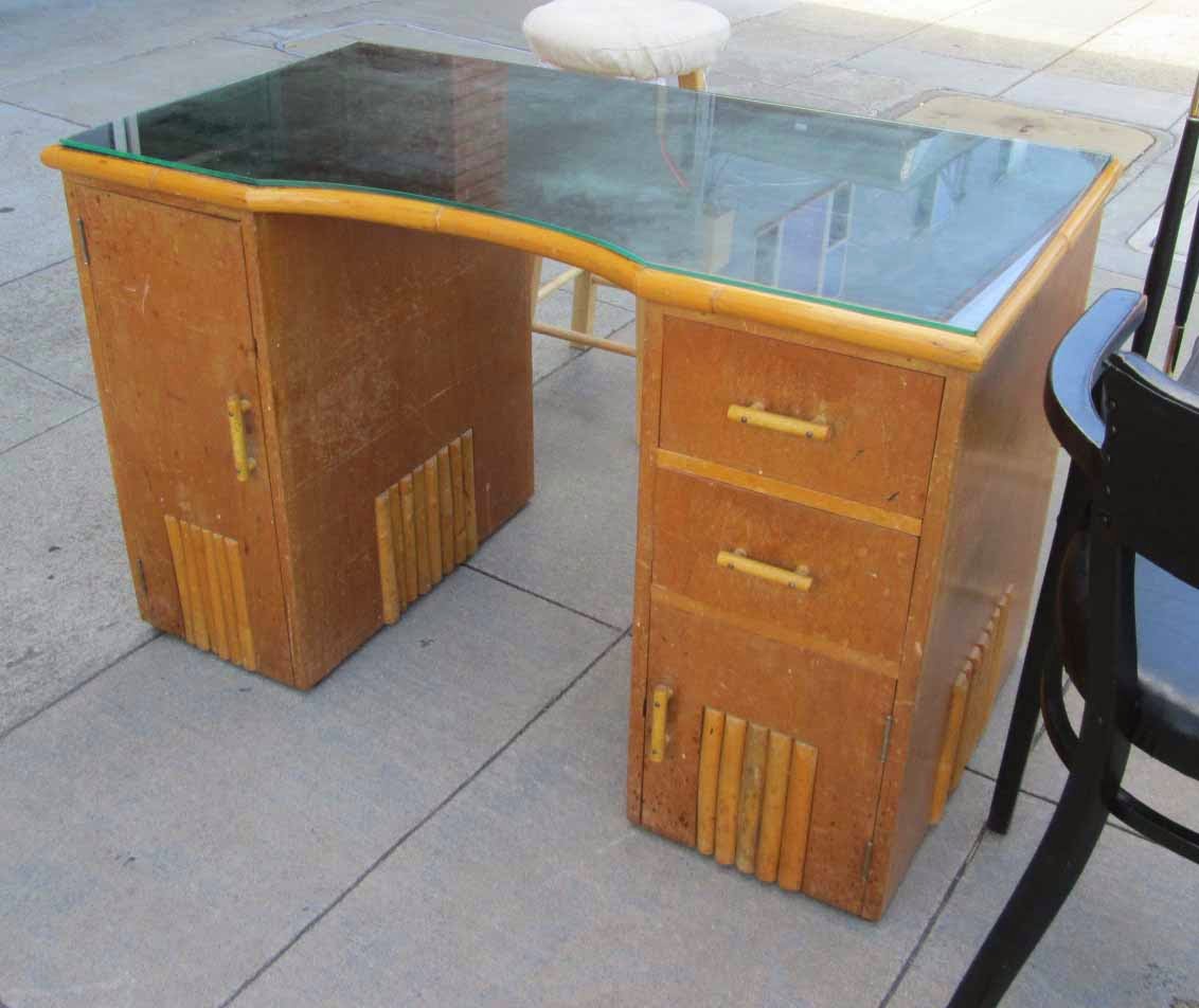 UHURU FURNITURE & COLLECTIBLES SOLD Retro Rattan Desk with Glass Top 60
