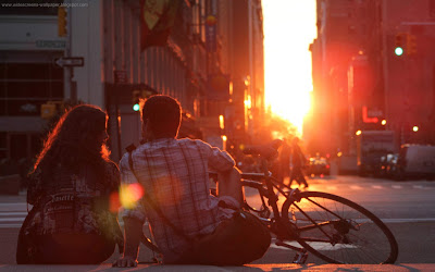 Romantic couple with sunset on city