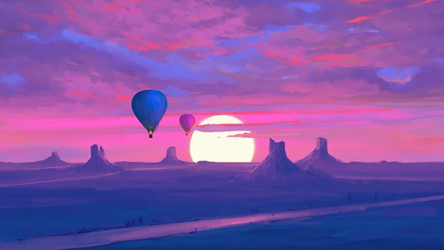 Hot Air Balloons, Sunset, Scenery, Minimalist, 4K, #4.3048