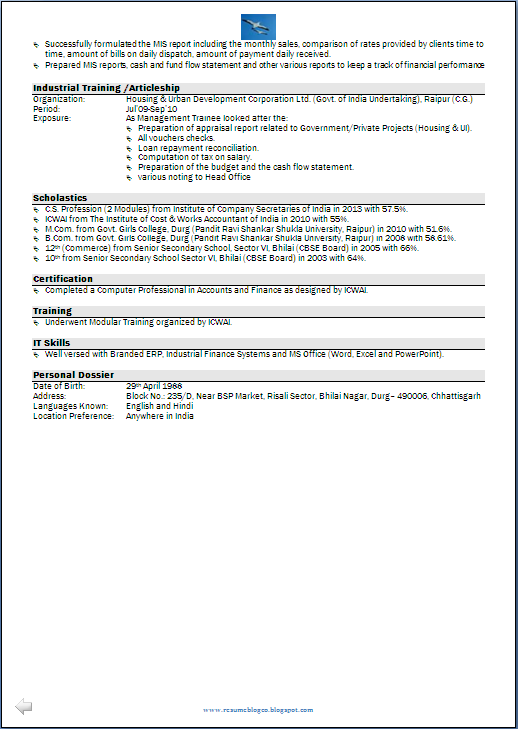 Resume Sample: CMA, CS & M.Com having 6 Years Experience - Resume Formats