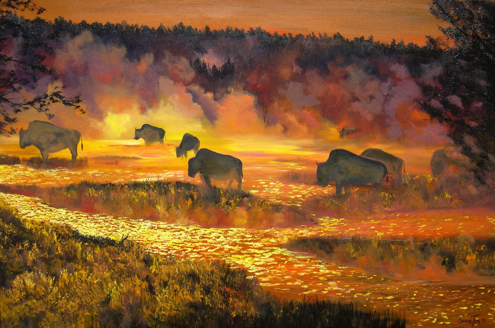 A Painting for You "Buffalo Among the Geysers" 24"h x 36"w Original