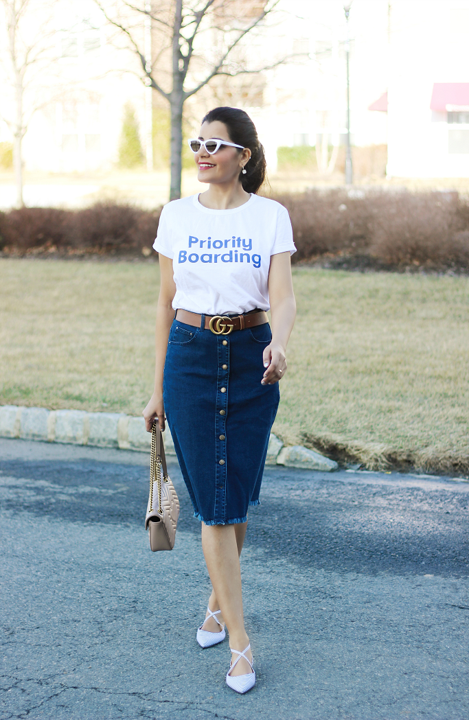 Denim skirt, Button front denim skirt, denim skirt with front pockets, eShakti Denim skirt, Zara Priority Boarding tee, Gucci Belt, Gucci Marmont soft rose double flap bag