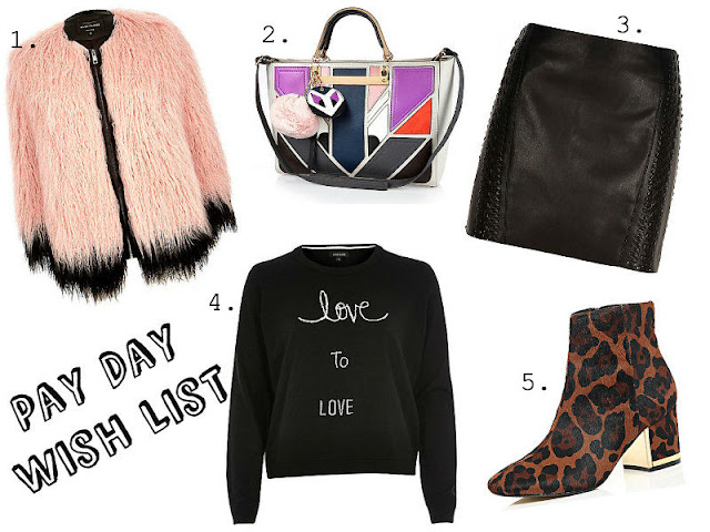 affordable fashion blog, high street fashion blog, Holliescloset, River island, The Kooples, pay day wish list, leather skirt, leopard print, Fendi, 