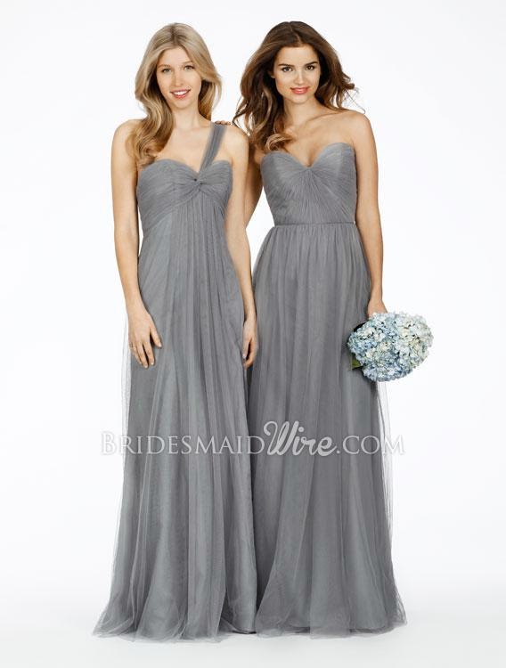 Grey Sleeveless Sweetheart One Shoulder Empire Long Net Bridesmaid Dress-2