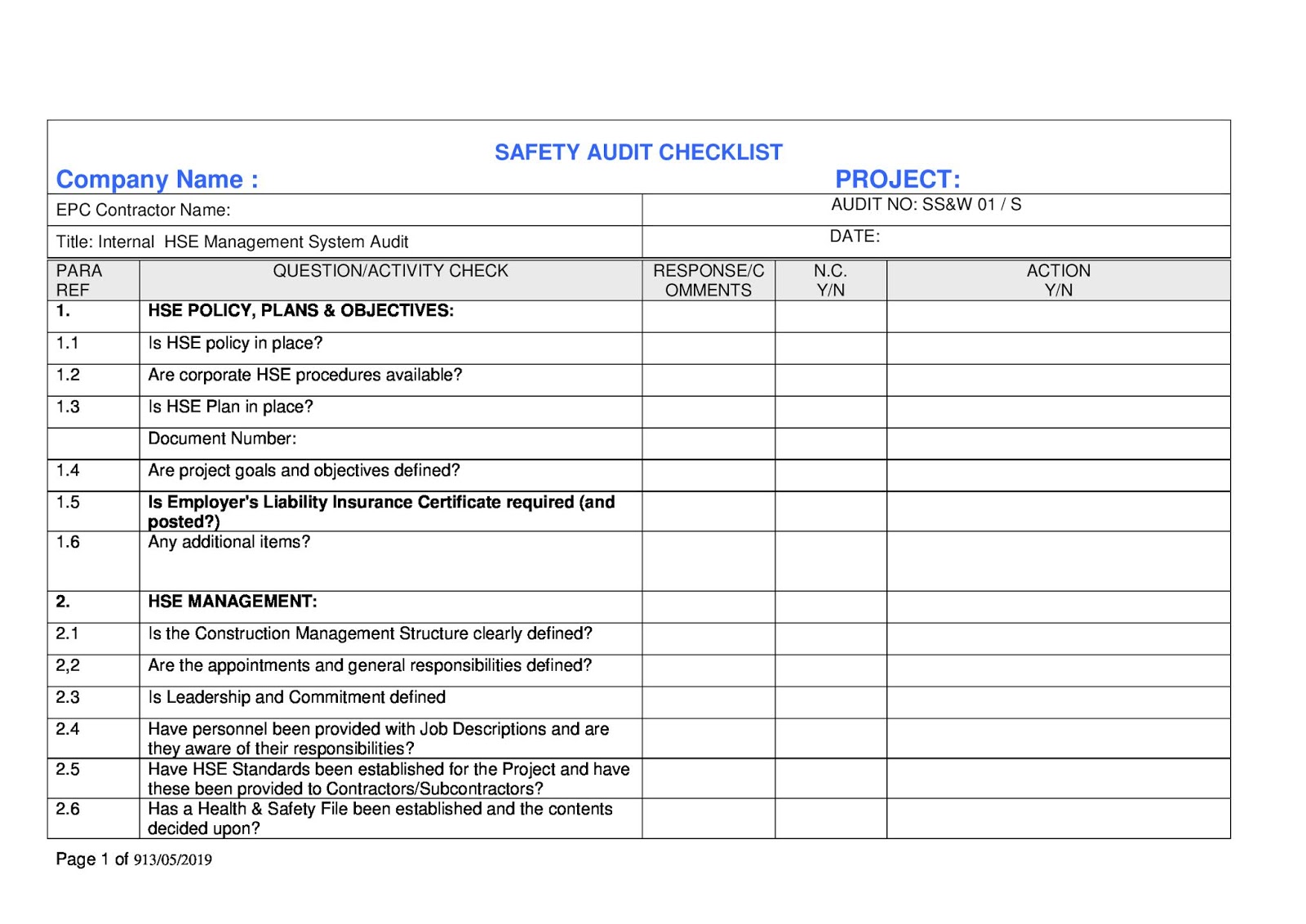[Doc] Safety Audit Checklist sample copy