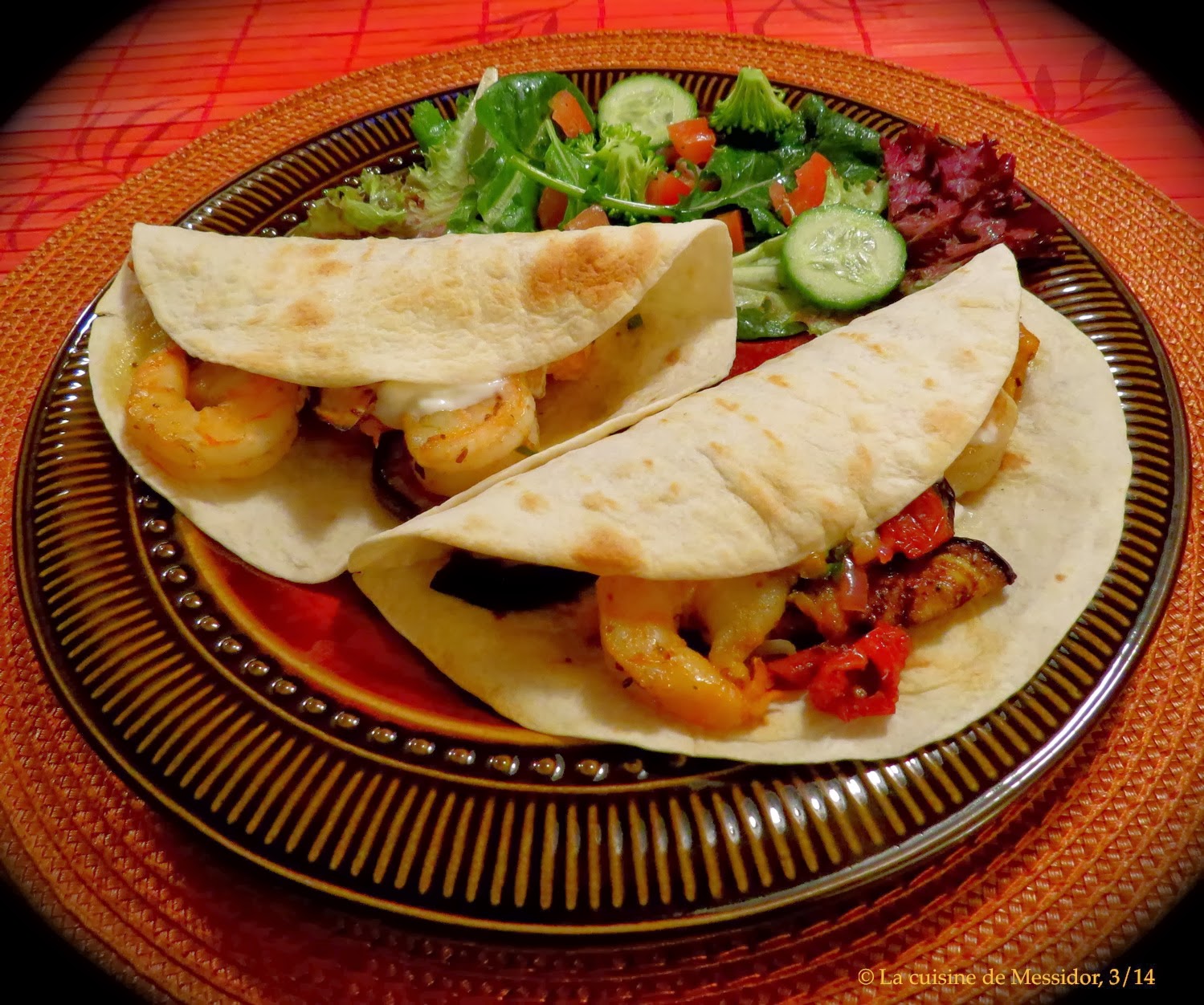 La cuisine de Messidor Fajitas aux crevettes et aux légumes grillés