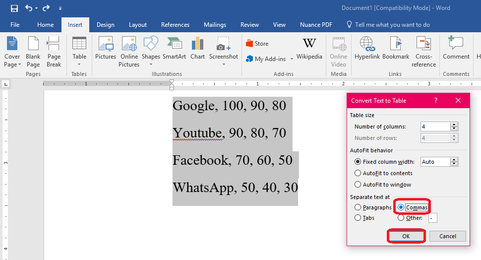 how to convert text into table in word