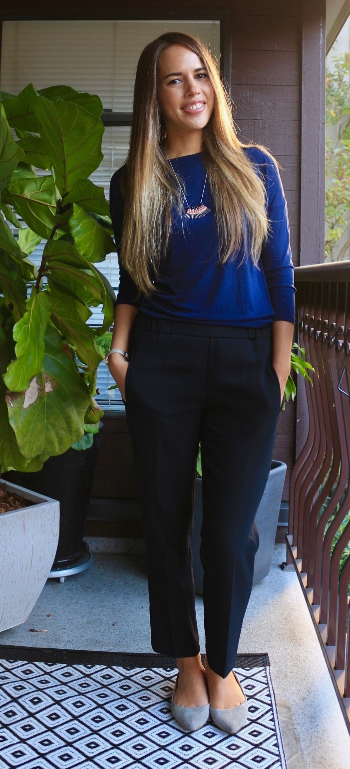 Jules in Flats - Business Casual Work Outfit Idea - Navy Top + Black Dress Pants