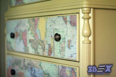 Art furniture with world maps, world map art decor, chest of drawers with world map