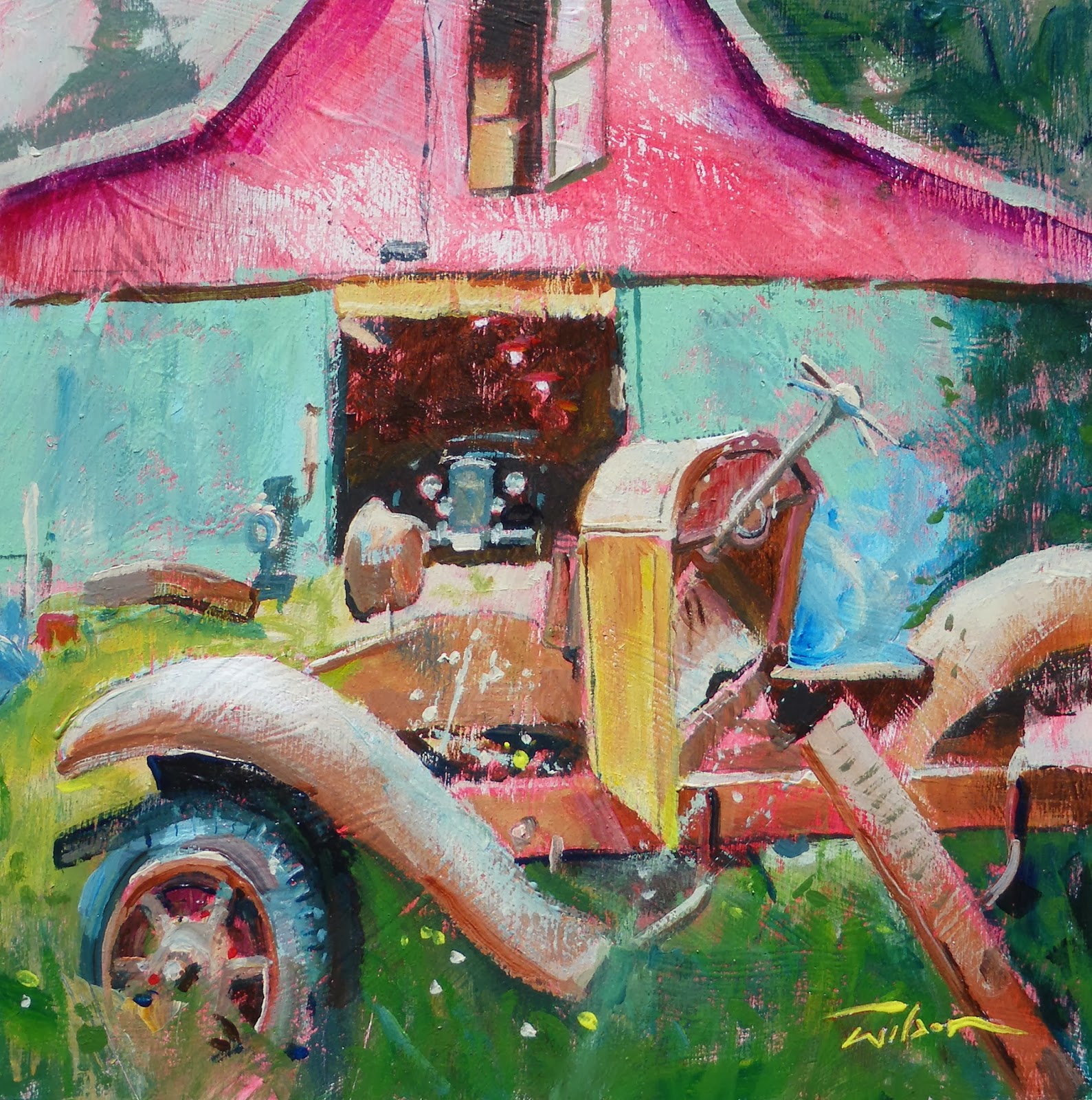 Artist Ron Wilson Canada "Jim's Shop" acrylic 10x10