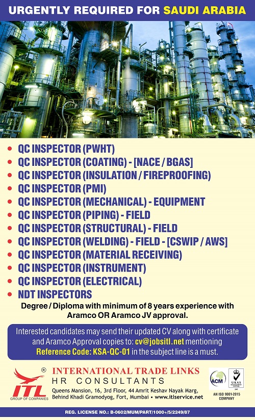 QC INSPECTOR JOBS : PWHT, Coating, (NACE/BGAS), Insulation (Fireproofing), PMI, Mechanical, Piping, Structural, Welding, Instrument, Material, Electrical, NDT