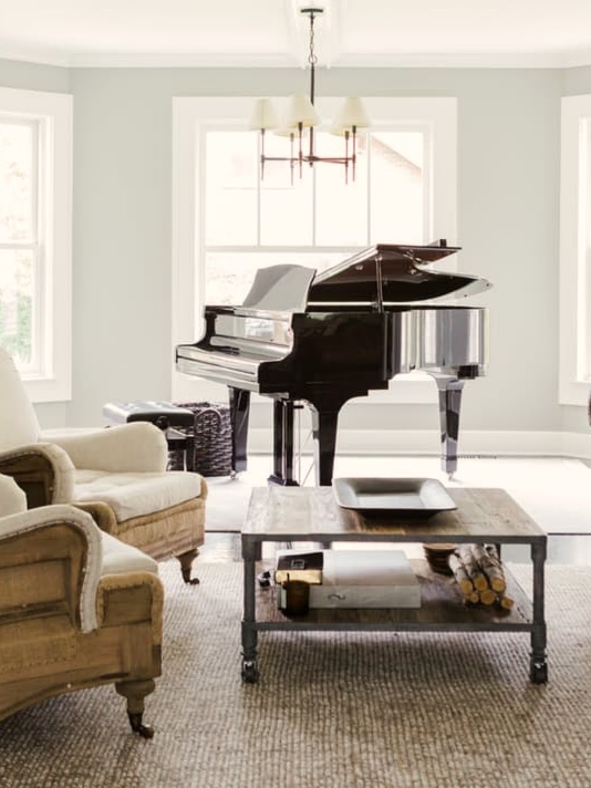 Modern farmhouse living room with black Grand piano on Hello Lovely Studio