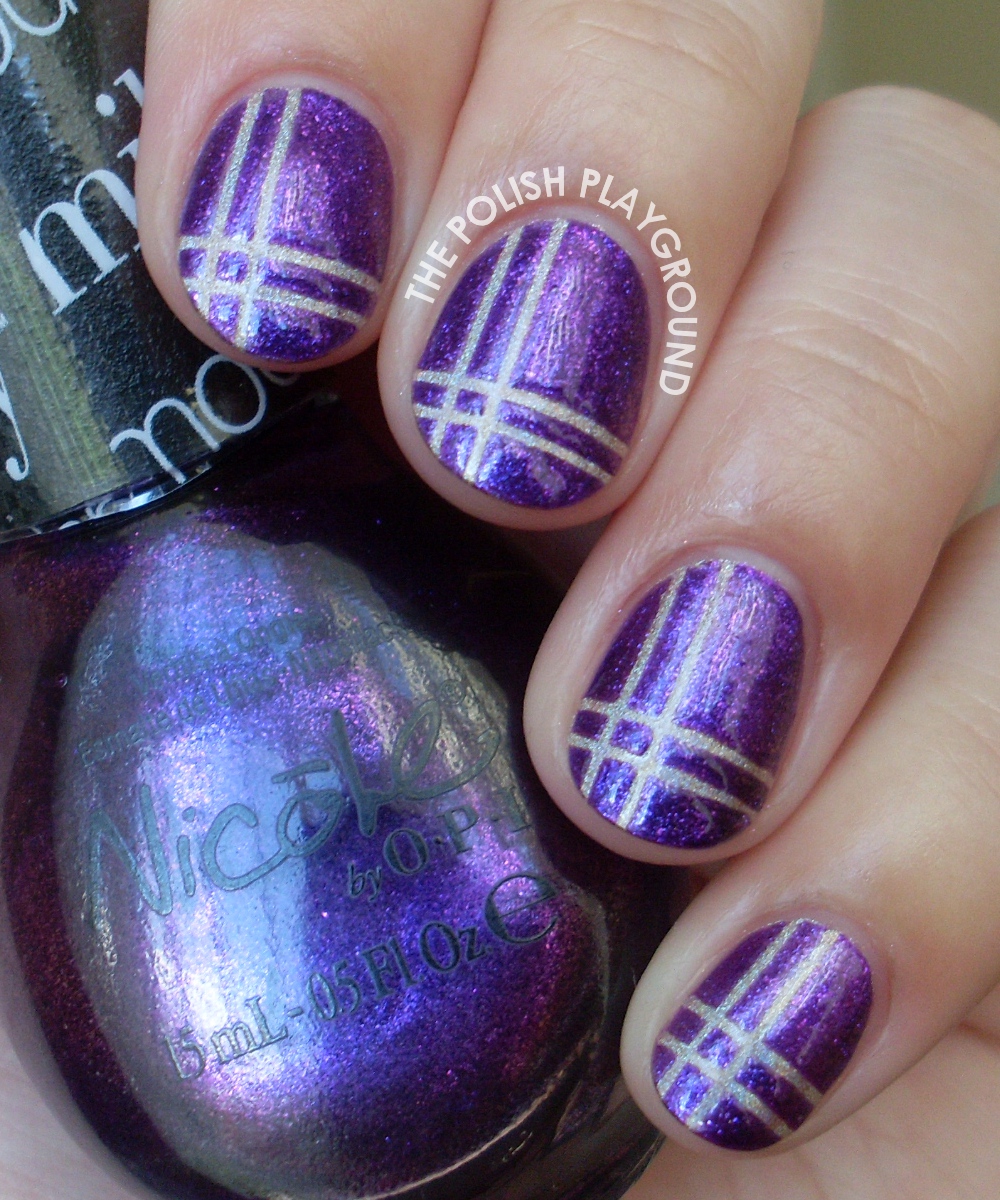 Purple and Holographic Neutral Plaid Nail Art