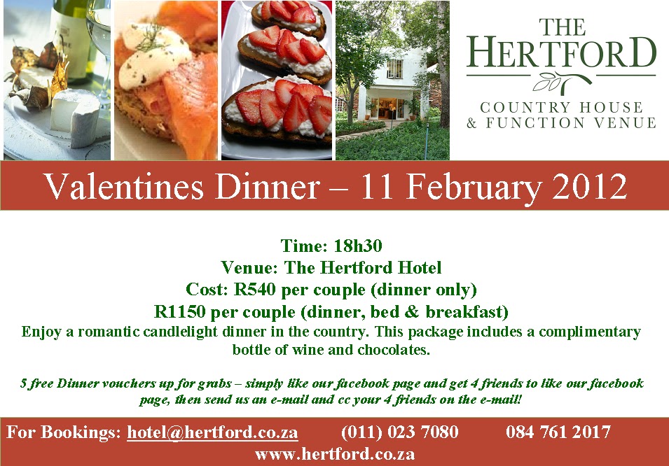 Valentines day at the eatery The Hertford Country Hotel: Valentines Dinner 11 Feb 2012