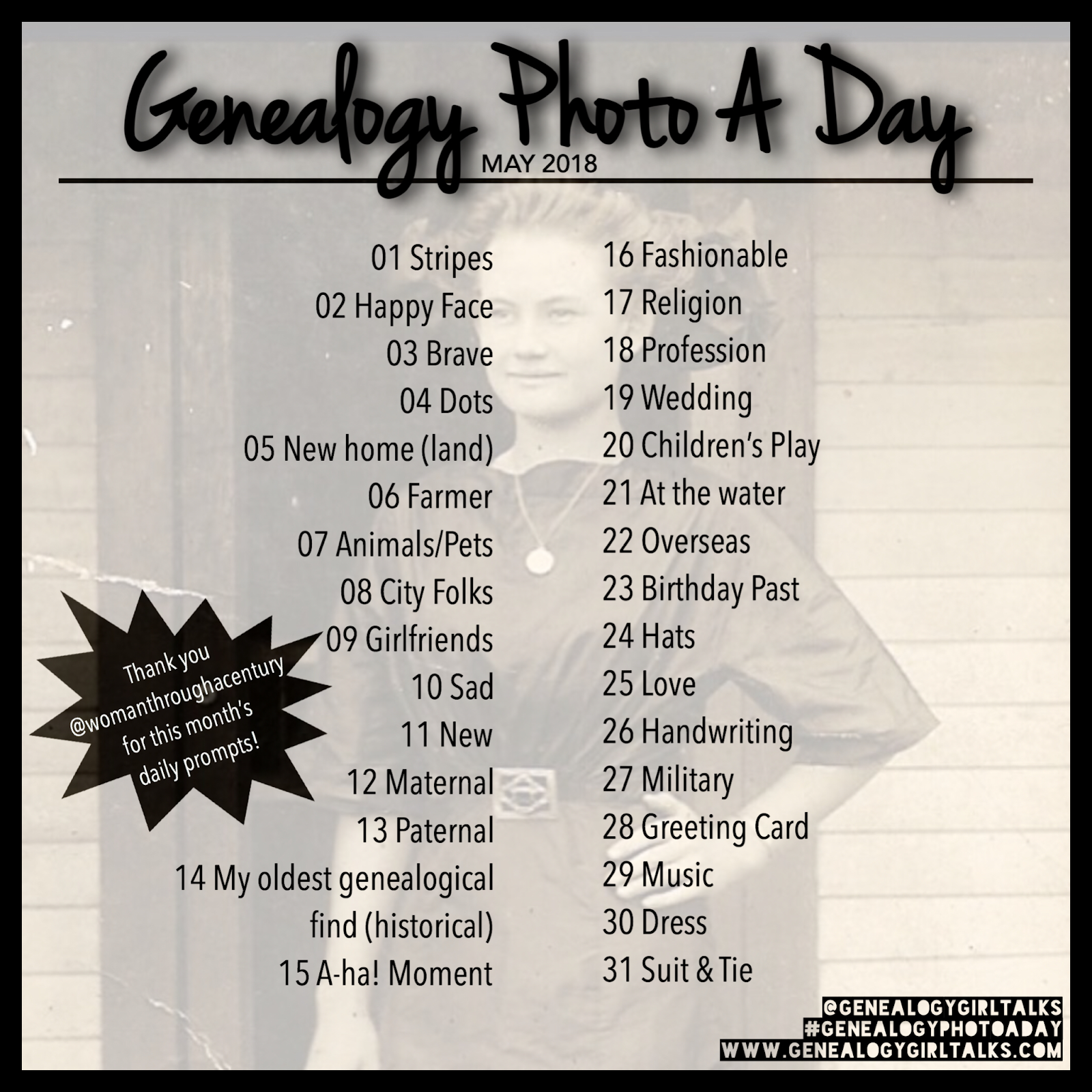May 2018 Genealogy Photo A Day prompts with GenealogyGirlTalks.com