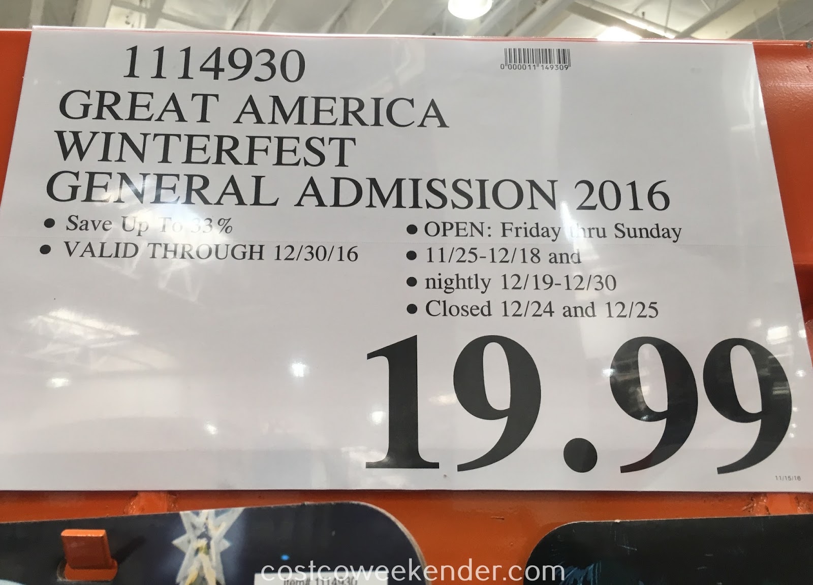 California's Great America WinterFest 2016 General Admisssion Ticket