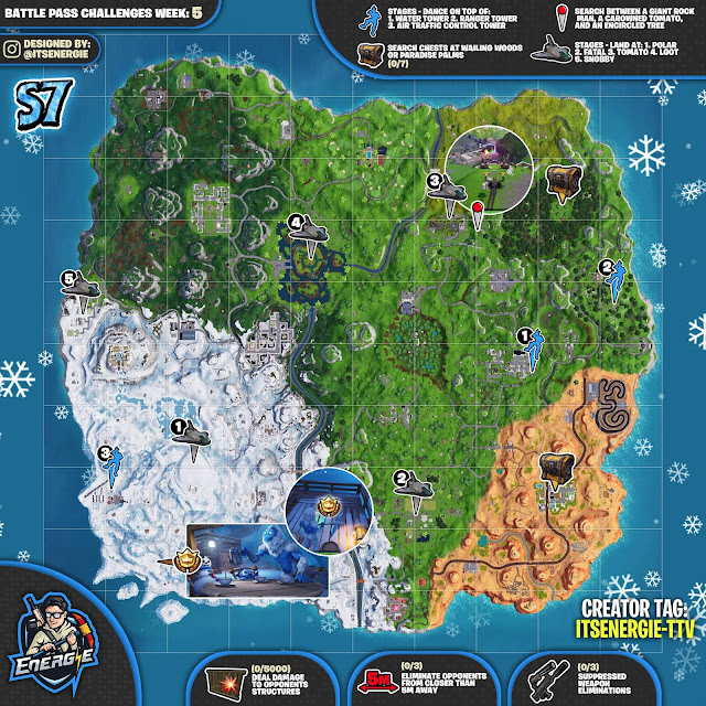 Fortnite Cheat Sheet Map for Season 7, Week 5 Challenges Locations