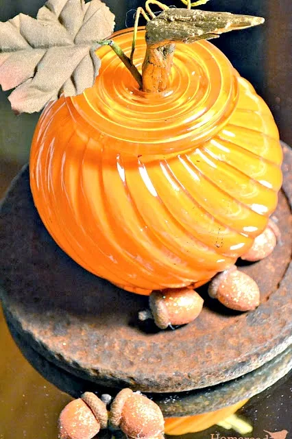 glittered acorns and glass globe pumpkin