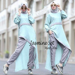 Gamis Syar'i Cantik Jasmine Set Mint Abu - putrigamisshop Gamis-Syar'i-Cantik-Jasmine-Set Mint-Abu