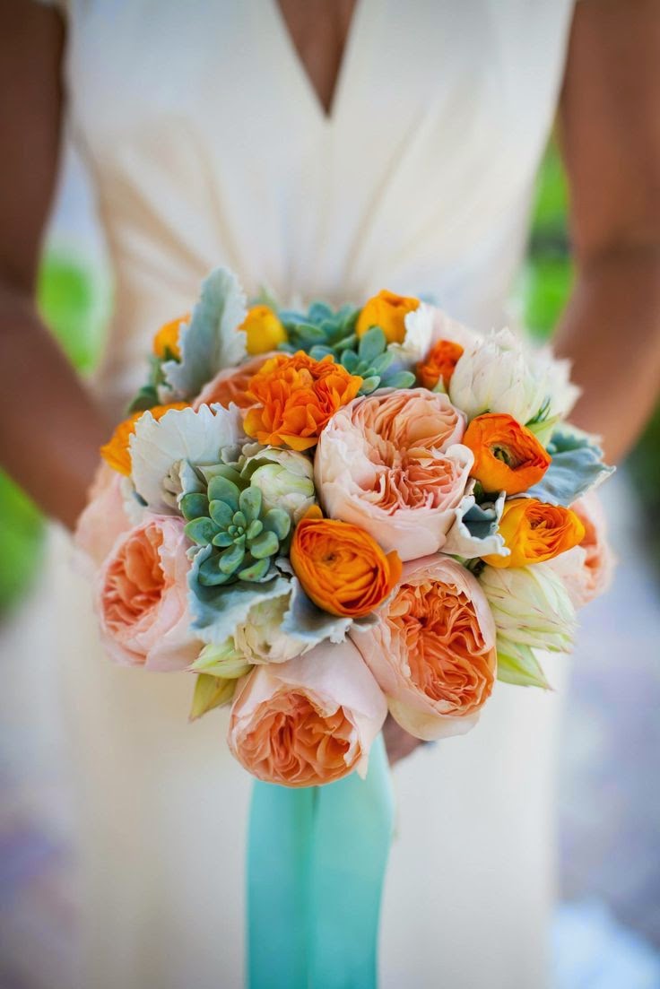 Wedding Color Inspiration Turquoise And Orange Lots Of Love Susan For The Groom An Orange Tie And Matching Boutonniere Bride Succulents Peonies Flowers Bound By A Turquoise Ribbon