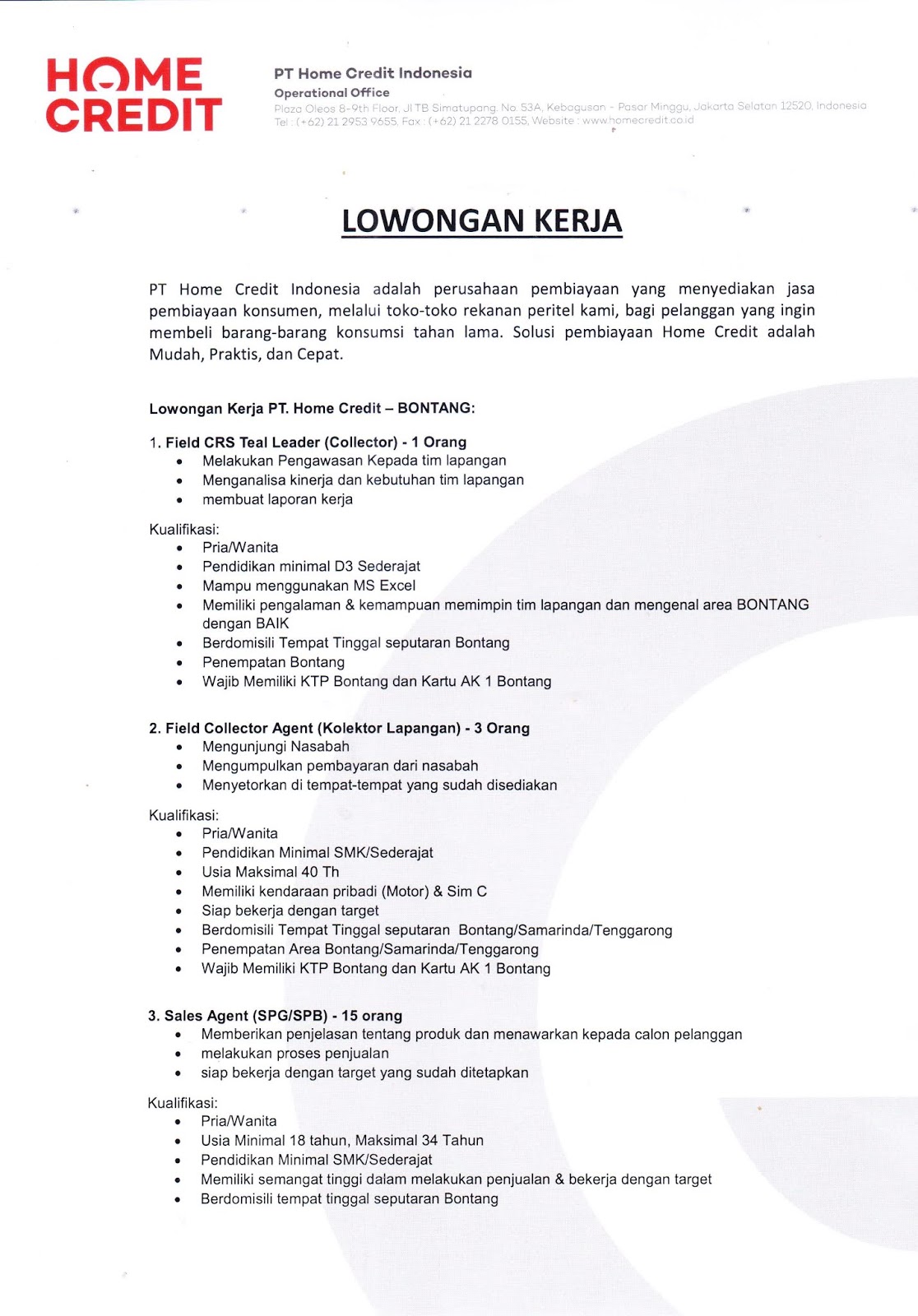 Lowongan Pt Home Credit Indonesia Loker Lowongan Kerja Cpns Bumn Umum