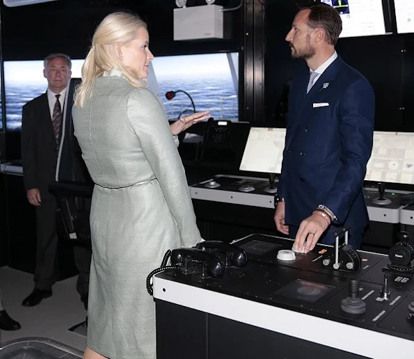 Crown Princess Mette-Marit at Marine Simulation Centre, Princess wore Christian Louboutin beige shoes, Valentino cost, and valentino dress, Mayla clutch bag