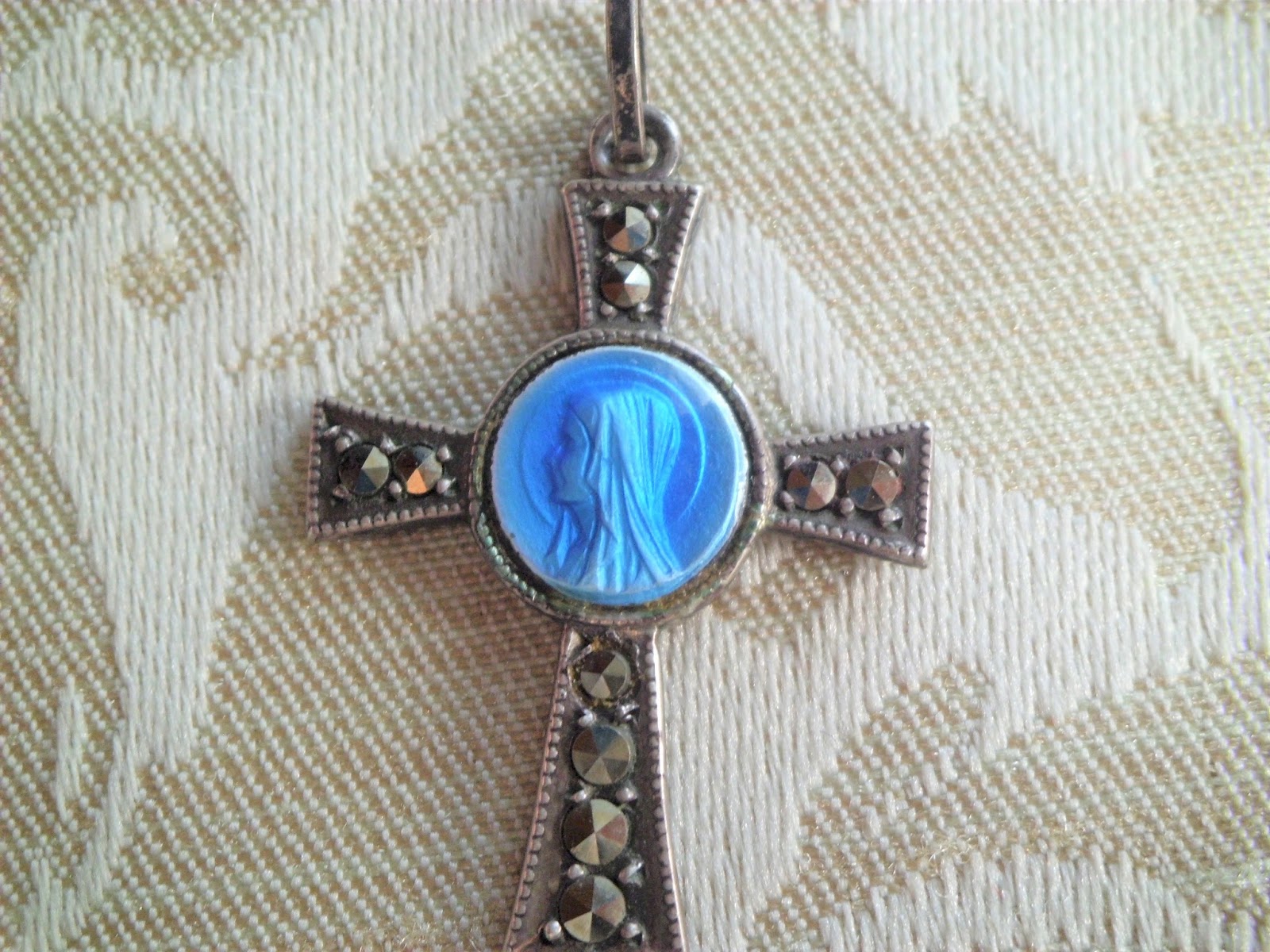 Vintage Religious Medals Vintage 835 Silver & Blue Enamel Virgin Mary