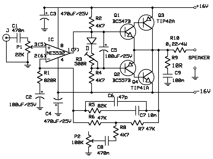 10W audio power amplifier with bass boost - Electronic Circuit
