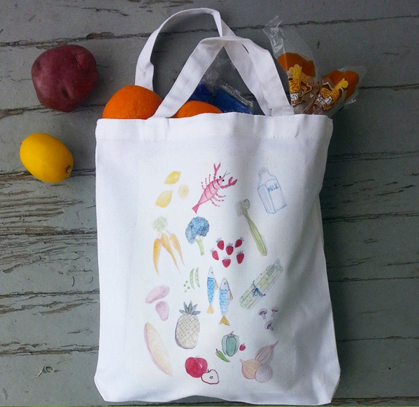 retro foods watercolor tote bag from wacky tuna on etsy