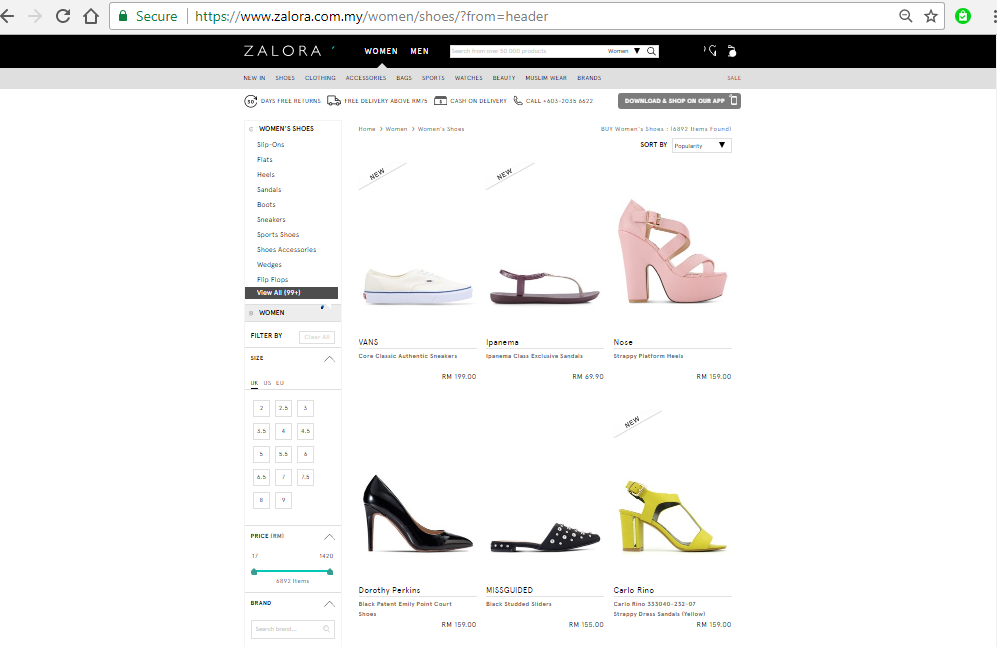 shoe size zalora
