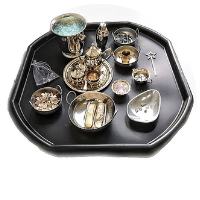 tuff tray with lots of silver and metal containers with shiny loose parts