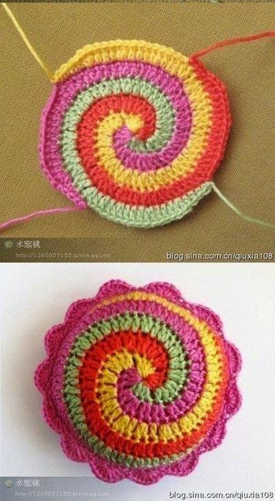 Cómo tejer con cuatro lanas un círculo diseño espiral - paso a paso