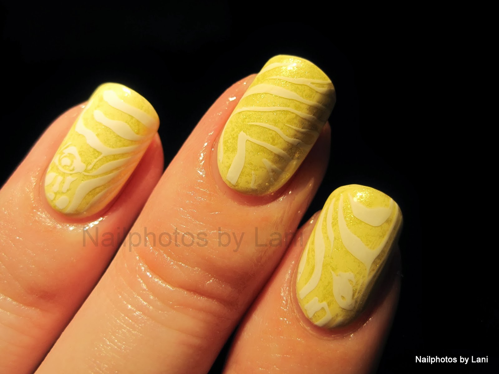 Nailphotos by Lani Yellow Zebra Nails Stamp over a Saran wrap method base
