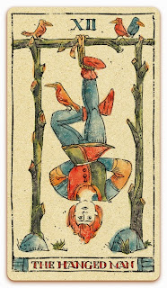 The Hanged Man card - Colored illustration - In the spirit of the Marseille tarot - major arcana - design and illustration by Cesare Asaro - Curio & Co. (Curio and Co. OG - www.curioandco.com)