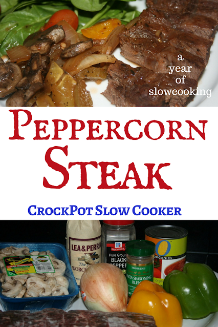 Peppercorn steak is a super easy and delicious dinner that is great to plop into the crockpot slow cooker on a busy day. The steak (can use chuck roast, too) simmers all day in a fantastic sauce made from Worcestershire sauce, tomato sauce, and Italian seasoning mixed in with lots of onion, bell pepper, and mushrooms. Delicious and super simple!
